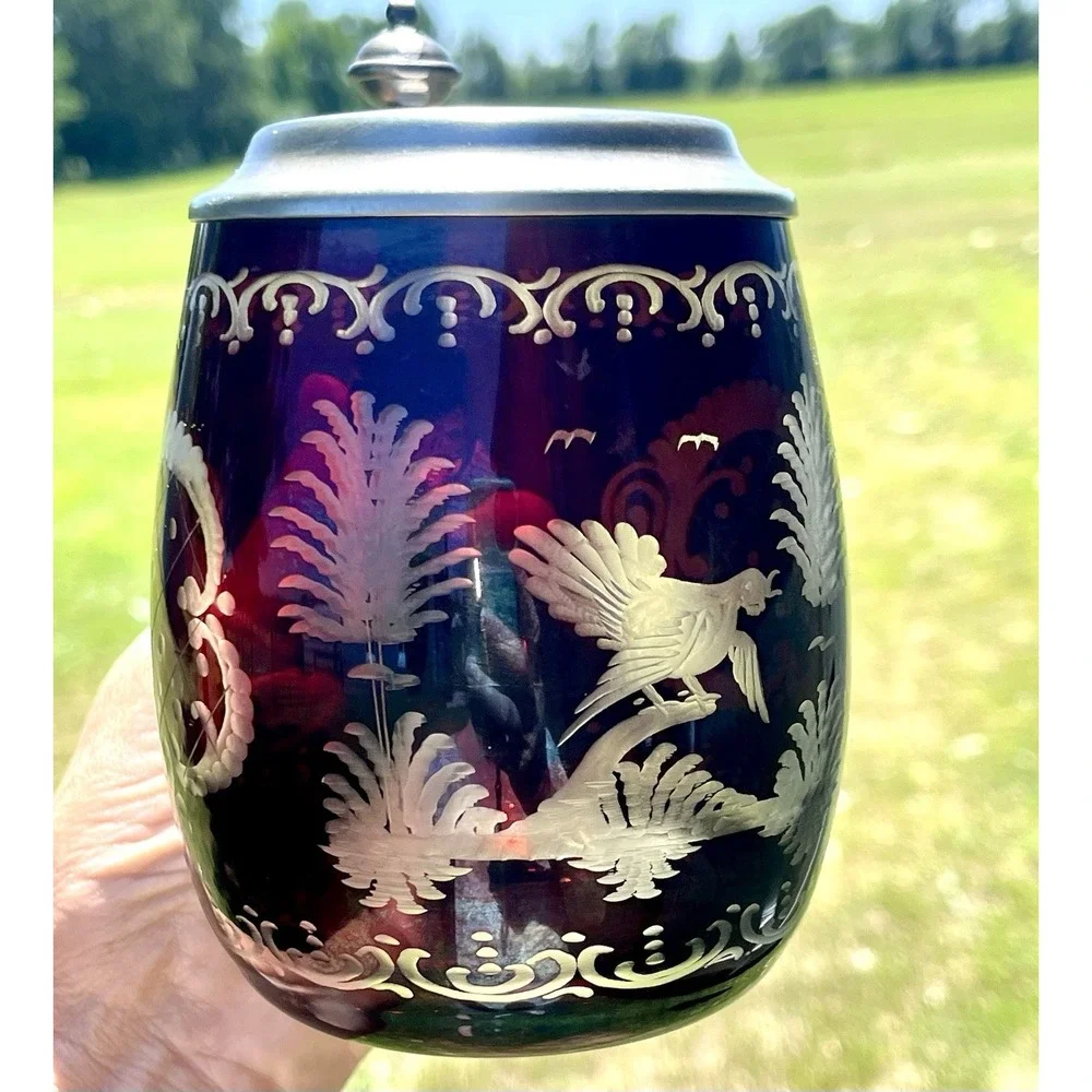 Vintage Bohemian Cut-to-Clear Glass Stein Beer Mug with Pewter Lid Grouse Design